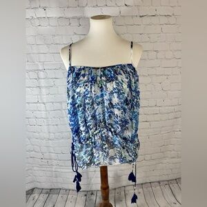NWT Boho Blue & White Floral Top Flowy Top with Navy Tassels Size Small TRYB